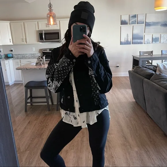 West Side Black Bandana Distressed Denim Jacket - Picture 8 of 14